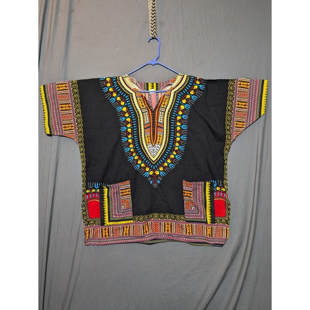 Mens Dashiki Shirt Black Multi Color Print V Neck Pockets Short‎ Sleeve Top